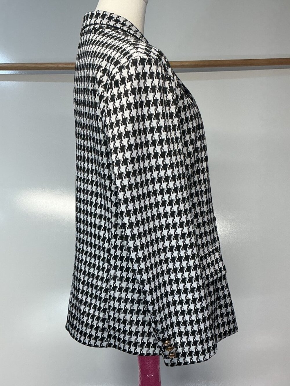 Attitude Unknown L Black White Houndstooth Double Breasted Blazer Gold Buttons - Picture 9 of 16